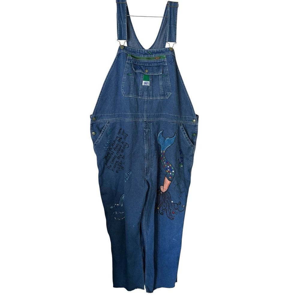 Women's Liberty Bibs Blue Denim Hand Painted Mermaid & Sequins Beach Sea 2XL